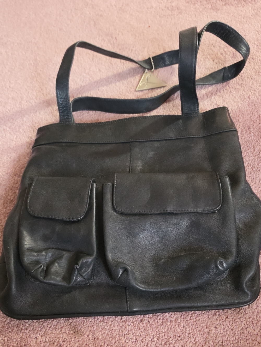 Classic Black Leather Shoulder Bag with Front Pockets